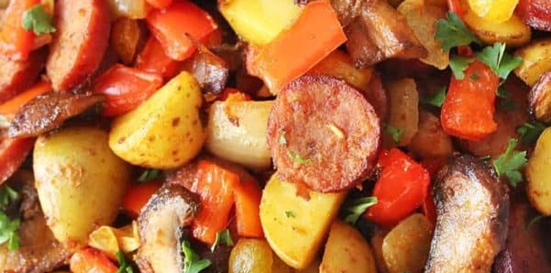 AIR FRYER SAUSAGE, PEPPERS, ONIONS, AND POTATOES AIR FRYER SAUSAGE, PEPPERS, ONIONS, AND POTATOES
