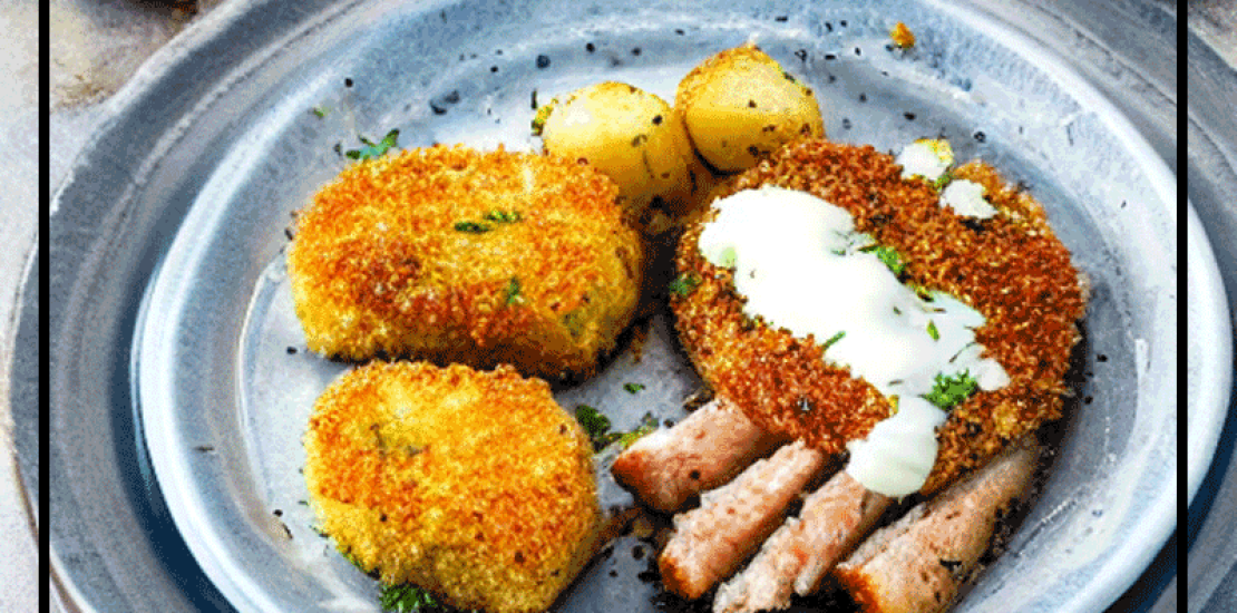 Air fryer herby crumbed fish with aioli and accordion potatoes