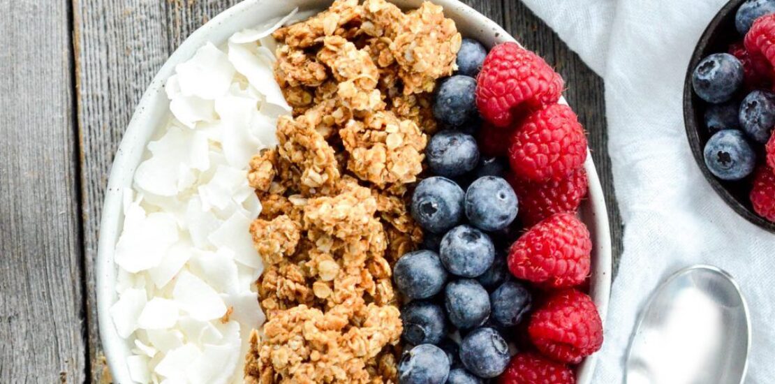 healthy air fryer granola that takes 15 minutes to make and can be stored for up to three weeks