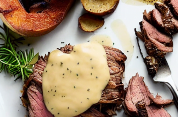 Air fryer roast beef with potato stacks and porcini sauce