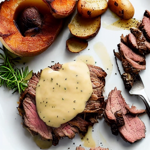 Air fryer roast beef with potato stacks and porcini sauce