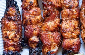 Air Fryer Bacon-Wrapped BBQ Chicken Kabobs