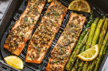 Air Fryer Salmon and Asparagus with Lemon Garlic Sauce