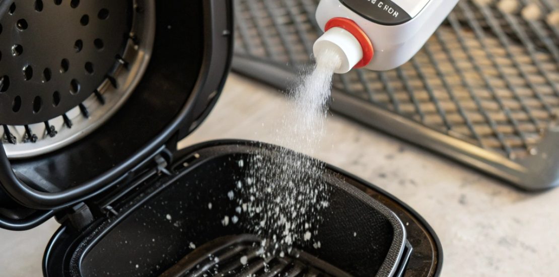 how to clean your air fryer with sprinkle baking soda over the basket