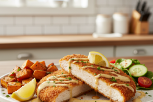 Sweet Air Fryer Crispy Chicken Schnitzel with Creamy Garlic-Anchovy Dressing