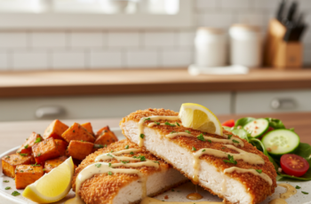 Sweet Air Fryer Crispy Chicken Schnitzel with Creamy Garlic-Anchovy Dressing