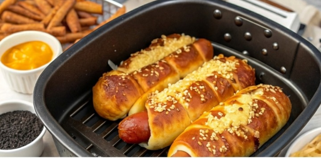 Air Fryer Soft-Baked Cheesy Pretzel Dogs